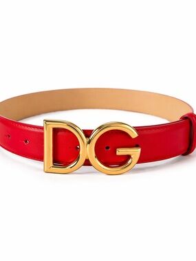 Authentic Dolce & Gabbana Red Leather Belt with Gold DG Buckle